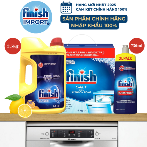 Combo tiện lợi: Bột rửa chén Finish Classic 2,5kg hương chanh, muối Finish Đức 4kg (2 gói 2kg), nước làm bóng Finish 750ml